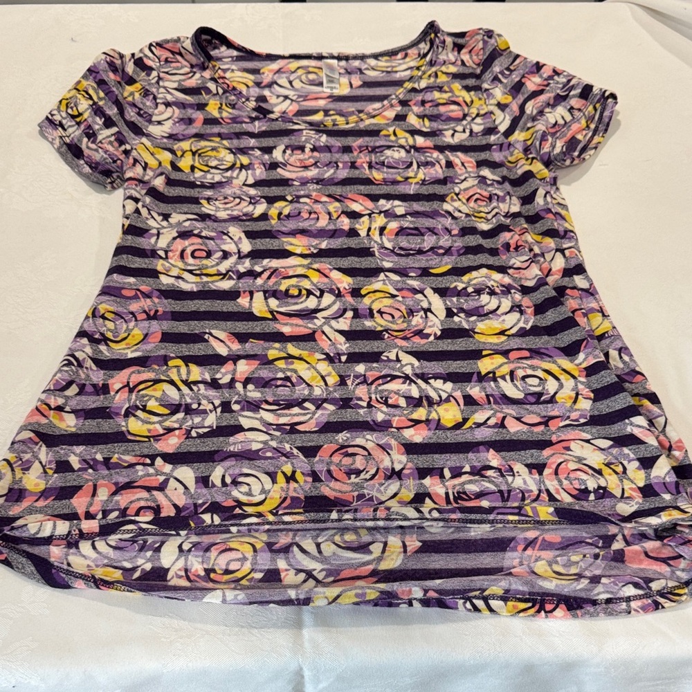 LuLaRoe Purple Floral Striped Short Sleeve Top